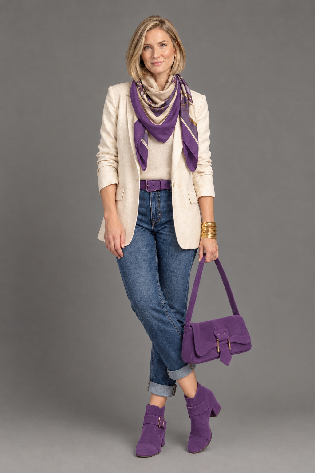 Women's amethyst purple front-buckle ankle boots with round toe and low flared heel - Top view